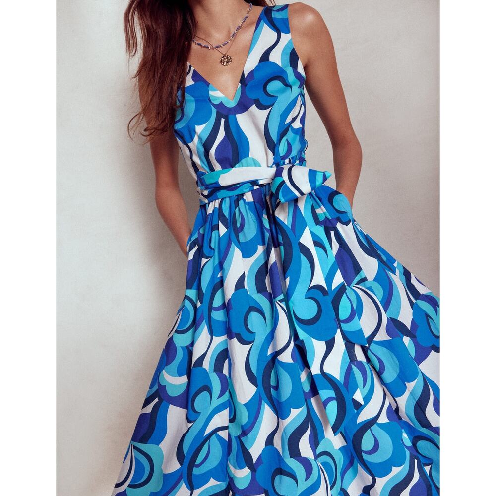 Boden Blue Abstract V-Neck Belted Midi Dress Fit & Flare‎ Sleeveless Size 14R - Picture 4 of 12